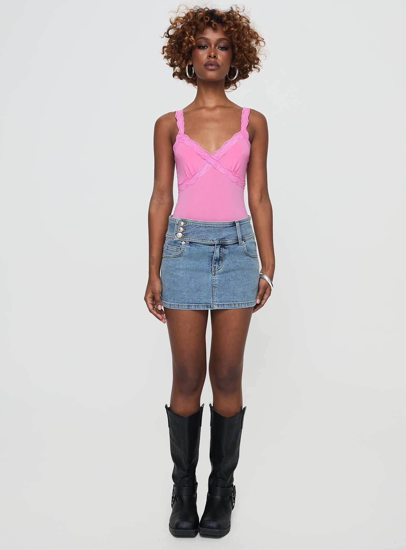 front view of model wearing Princess Polly Girlz Bodysuit Pink Sleeveless V-Neck 