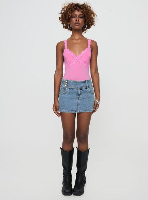 front view of model wearing Princess Polly Girlz Bodysuit Pink Sleeveless V-Neck 