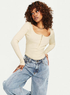 front view of model wearing Princess Polly Zuma Long Sleeve Bodysuit Beige Full Sleeves 