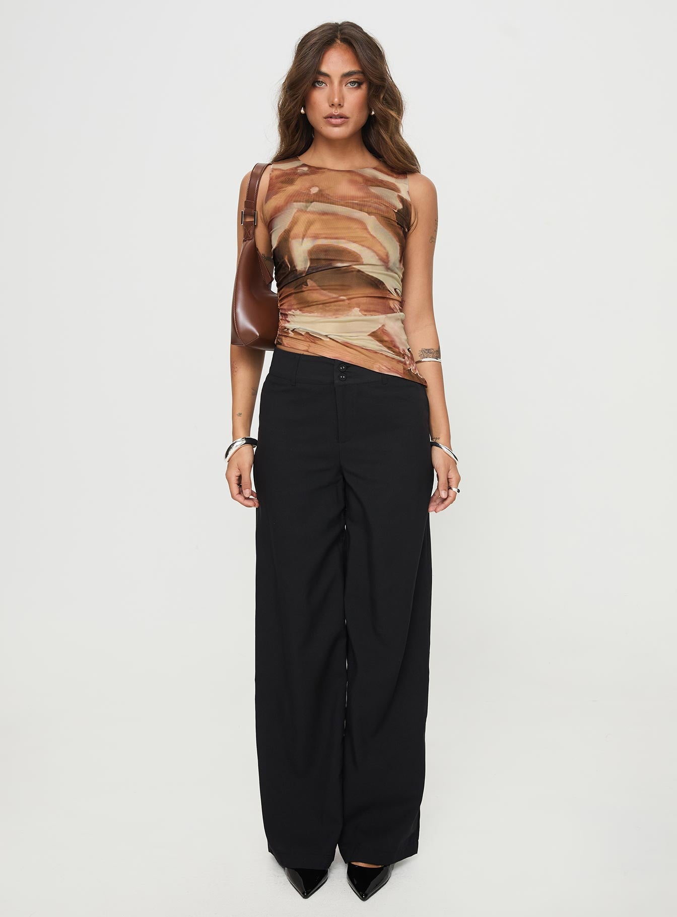 front view of model wearing Princess Polly Whity Top Multi Sleeveless Crew Neck 