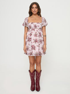 front view of model wearing Princess Polly Let's Dance Mini Dress Cream Floral Square Neck 