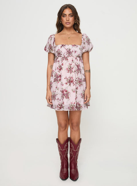 front view of model wearing Princess Polly Let's Dance Mini Dress Cream Floral Square Neck 