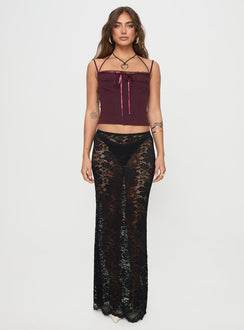 back view of model wearing Princess Polly Trynia Top Burgundy Sleeveless Square Neck 