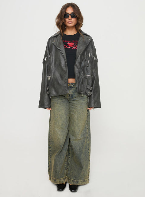 Faux leather jacket Classic collar, oversized lapels, six pocket design, zip fastening, buckle detail Non-stretch material, fully lined 