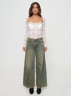 front view of model wearing Princess Polly Cadrot Long Sleeve Lace Bodysuit White Full Sleeves Sweetheart 