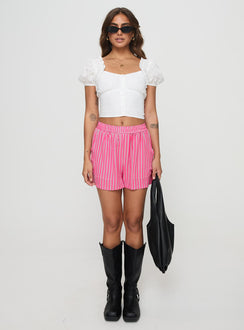 front view of model wearing Princess Polly Miragea Shorts Hot Pink Stripe High Waisted Shorts 