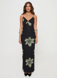 Floral maxi dress Mesh material, v neckline, adjustable straps, lace trim detail Good stretch, fully lined  Princess Polly Lower Impact 