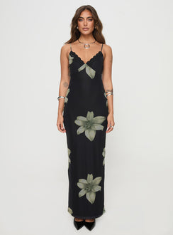 side view of model wearing Princess Polly Stardrop Maxi Dress Black Floral V-Neck 