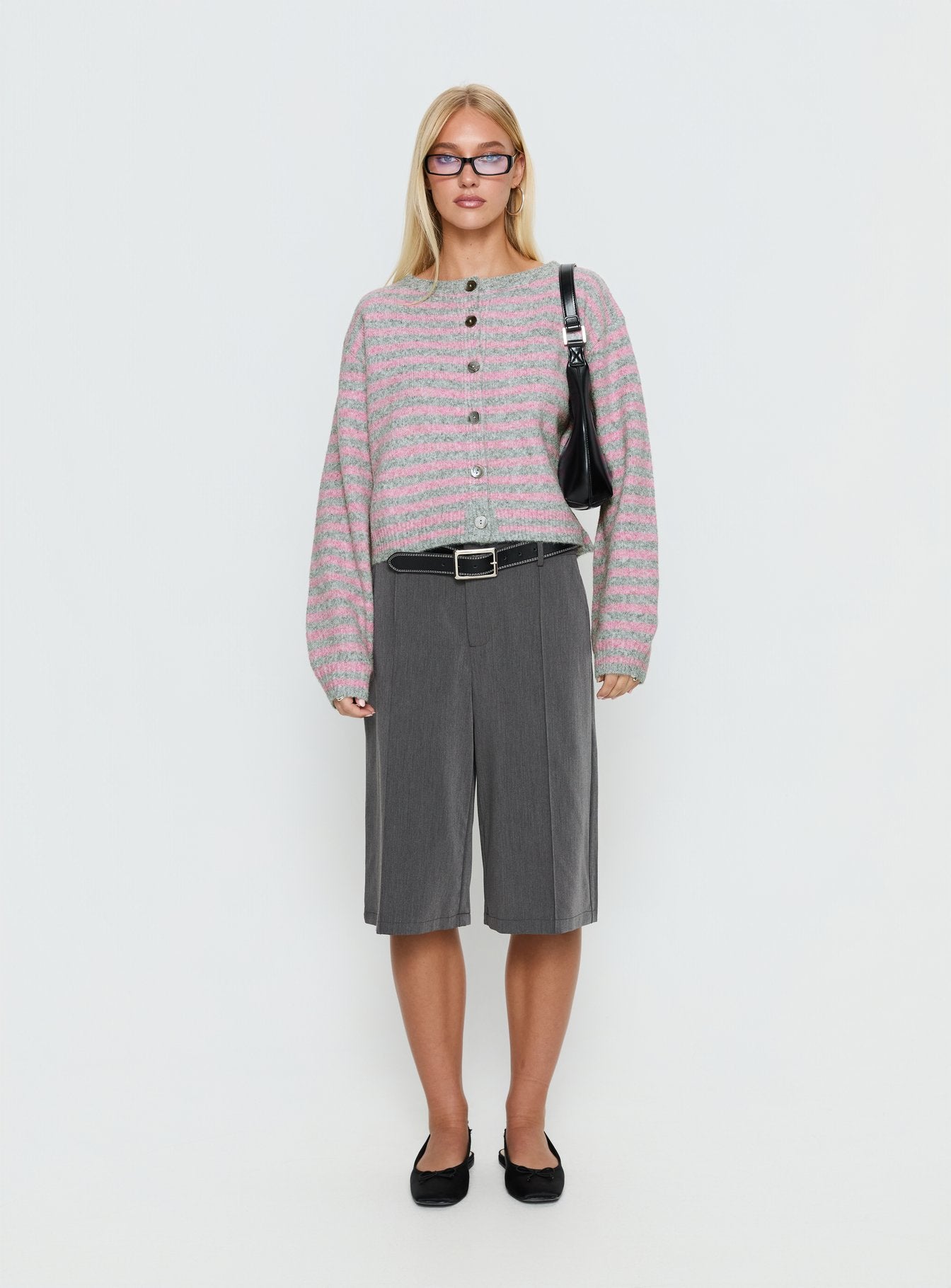 back view of model wearing Princess Polly Raynna Button Up Cardigan Pink / Grey Stripe Cropped Jumpers 