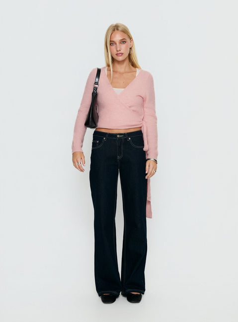 back view of model wearing Princess Polly Tonee Wrap Knit Cardigan Pink cropped 