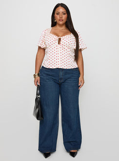 back view of model wearing Princess Polly Adrienna Flutter Blouse White / Red Curve Short Sleeves V-Neck 