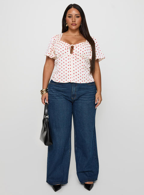 back view of model wearing Princess Polly Adrienna Flutter Blouse White / Red Curve Short Sleeves V-Neck 