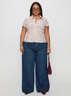 side view of model wearing Princess Polly Cottesloe Blouse Top Pink Check Curve Short Sleeves V-Neck 