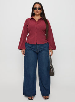 front view of model wearing Princess Polly Anni Pinstripe Shirt Red Curve Full Sleeves V-Neck 