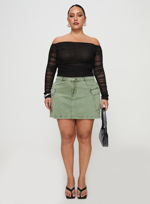   front view of model wearing Princess Polly Zakai Cargo Denim Mini Skirt Green Curve Mini Skirts 
