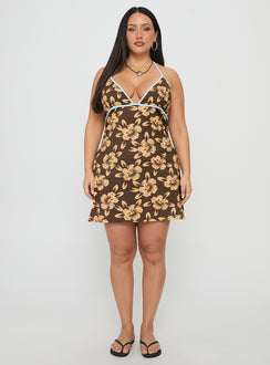 Mishie Halter Mini Dress Brown / Blue Floral Curve