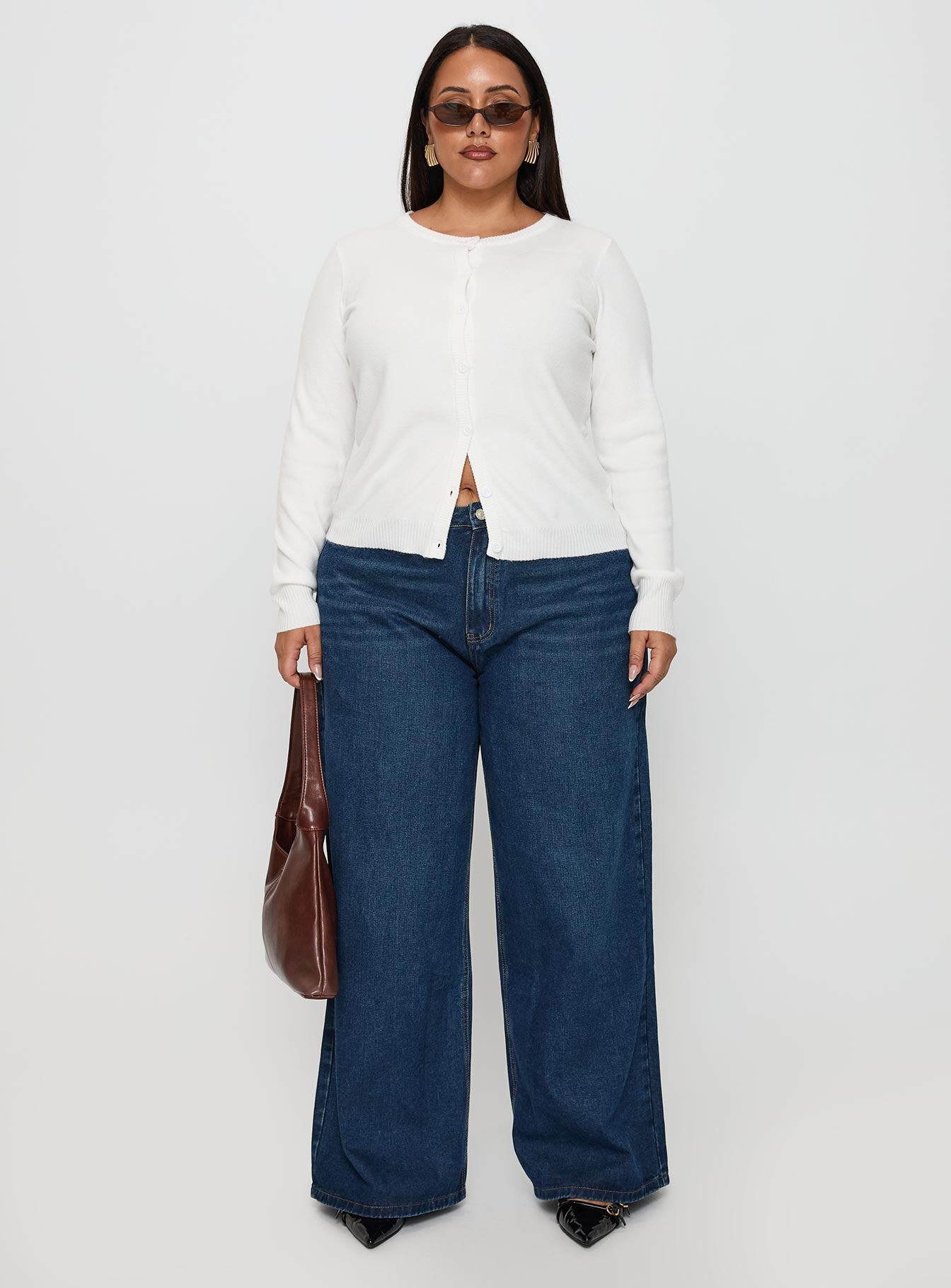 front view of model wearing Princess Polly Lauraine Cardigan White Curve regular 