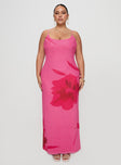 side view of model wearing Princess Polly Knox Maxi Dress Hot Pink Floral Curve Scoop Neck 