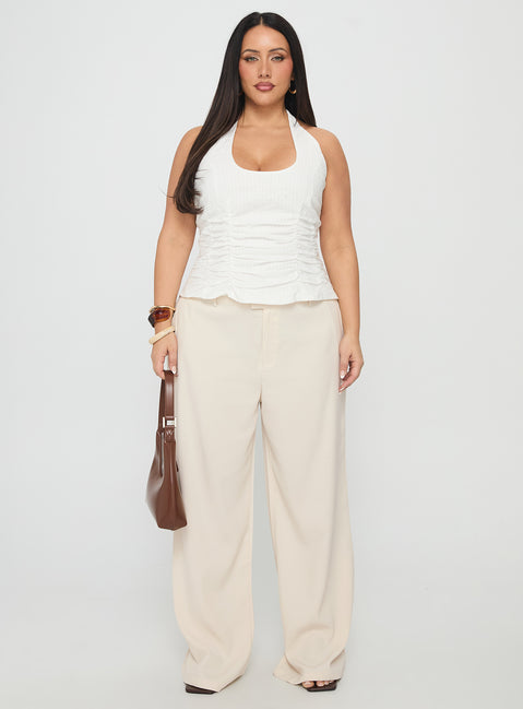 front view of model wearing Princess Polly Irresistible Wide Leg Pant Cream Curve High Waisted Pants 