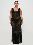 front view of model wearing Princess Polly Zhara Lace Dress Black Curve Scoop Neck 