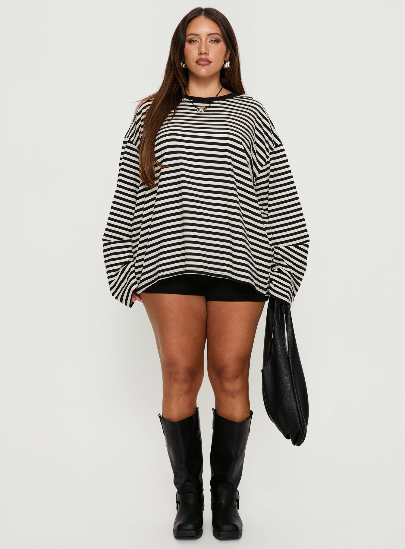 Settle Down Long Sleeve Top Black / White Stripe Curve