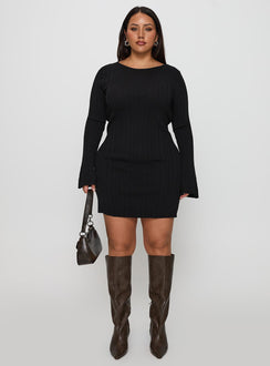 side view of model wearing Princess Polly Mayok Long Sleeve Mini Dress Black Curve Crew Neck 