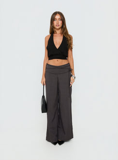 back view of model wearing Princess Polly Silver Moon Tie Pants Charcoal Mid Rise Pants 