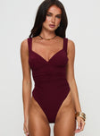 front view of model wearing Princess Polly Morgane Mesh Bodysuit Burgundy Sleeveless 