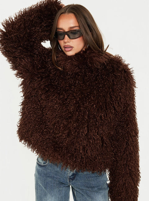 Kaiero Oversized Faux Fur Shag Jacket Brown