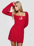 front view of model wearing Princess Polly Bayford Long Sleeve Mini Dress Red Square Neck 