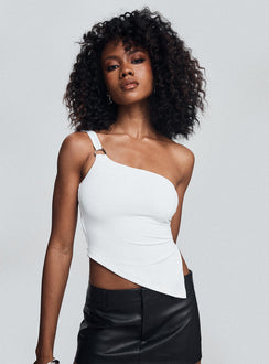 back view of model wearing Princess Polly Matthew One Shoulder Top White Sleeveless Asymmetric Neckline 