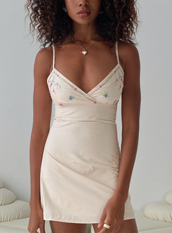 front view of model wearing Princess Polly Areti Mini Dress Cream Plunger 