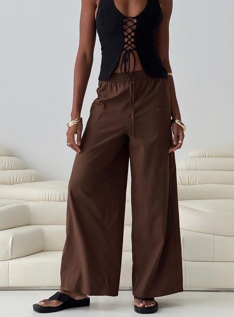 back view of model wearing Princess Polly Brunie Pants Chocolate High Waisted Pants 