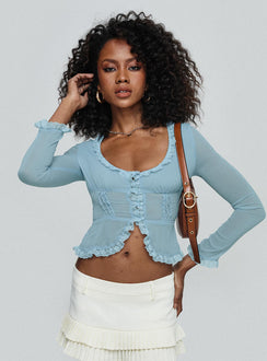 front view of model wearing Princess Polly Guillet Long Sleeve Top Blue Full Sleeves Scoop Neck 