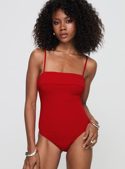 front view of model wearing Princess Polly Lilani Bodysuit Red Sleeveless Square Neck 