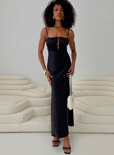 front view of model wearing Princess Polly Jaquelin Maxi Dress Black Square Neck 