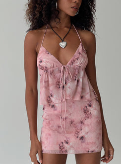 Matching set, floral print Halter neck top, plunging neckline, tie fastening at bust, adjustable coverage Mini skirt, invisible zip fastening at the side  Partially lined, non-stretch material 