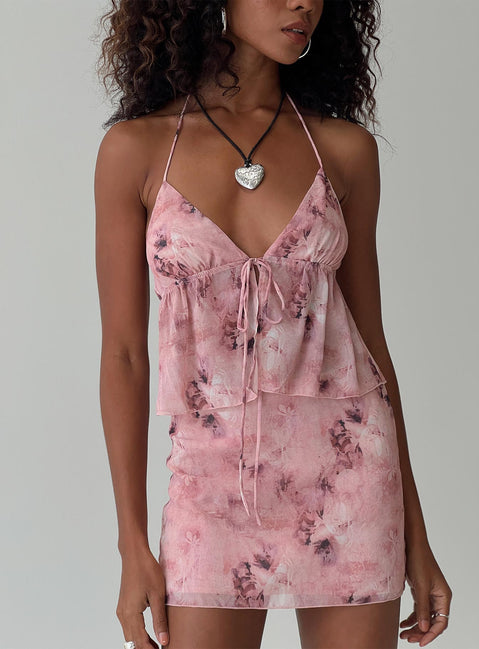 Matching set, floral print Halter neck top, plunging neckline, tie fastening at bust, adjustable coverage Mini skirt, invisible zip fastening at the side  Partially lined, non-stretch material 