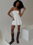 front view of model wearing Princess Polly Kezzy Mini Dress White Floral Straight Neck 