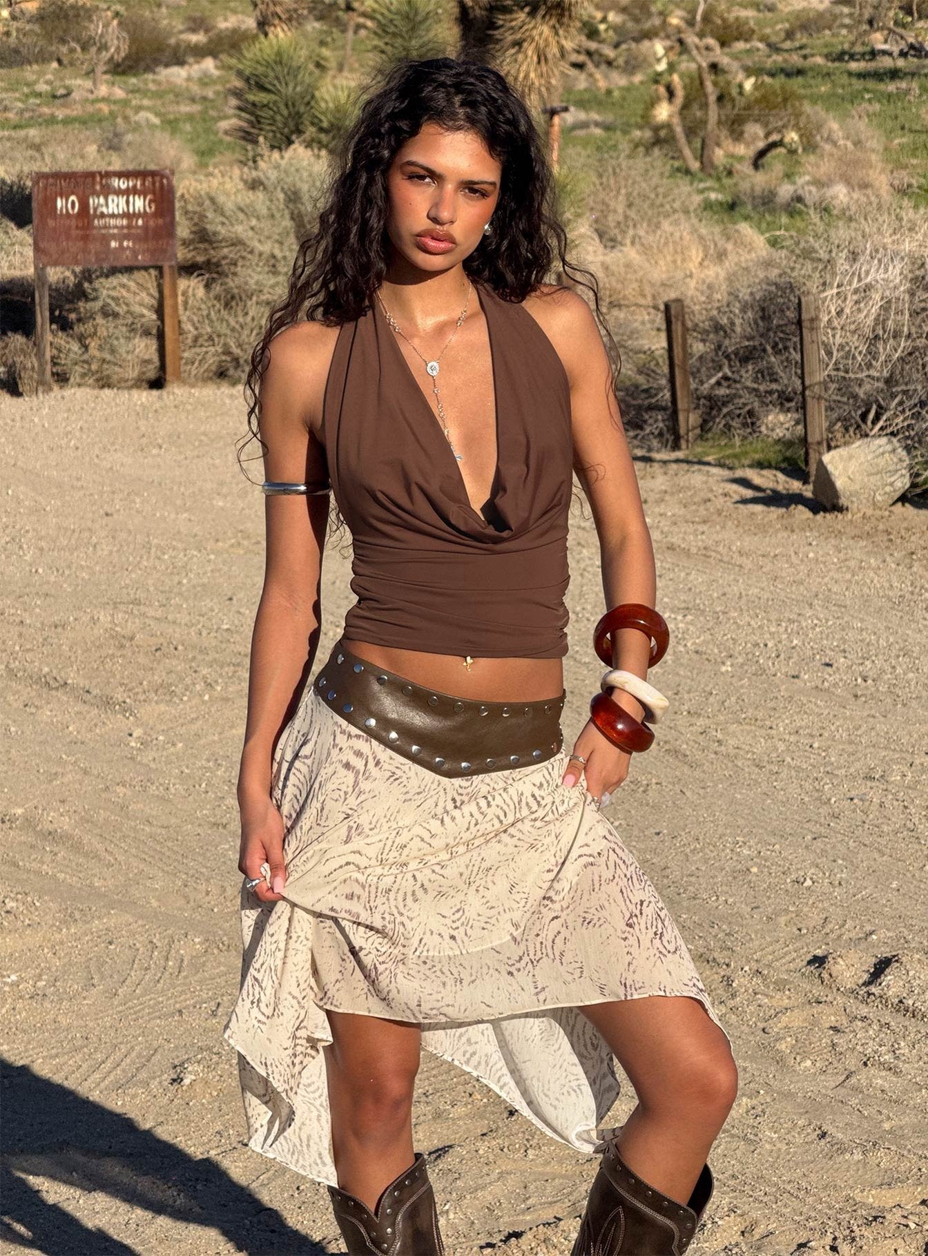   front view of model wearing Princess Polly Dark Mirage Asymmetrical Midi Skirt Multi Midi Skirts 