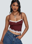 front view of model wearing Princess Polly Top Model Cami Burgundy Sleeveless Sweetheart 