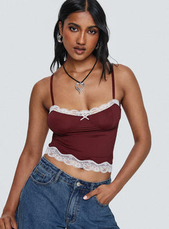 front view of model wearing Princess Polly Top Model Cami Burgundy Sleeveless Sweetheart 