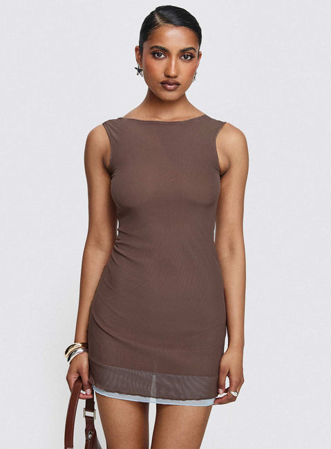 back view of model wearing Princess Polly Ren Mini Dress Brown/ Blue Boat Neck 