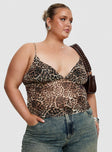 back view of model wearing Princess Polly Fast Times Top Leopard Curve Sleeveless Plunger 