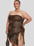 front view of model wearing Princess Polly Donelli Mini Dress Leopard Curve Straight Neck 