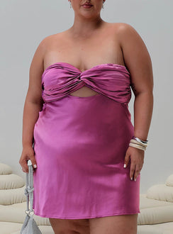 front view of model wearing Princess Polly Faviola Mini Dress Purple Curve Sweetheart Neckline 