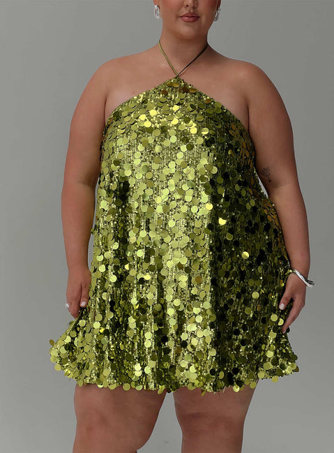 back view of model wearing Princess Polly Fluorescents Halter Mini Dress Green Curve Asymmetric Neckline 