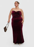 side view of model wearing Princess Polly Irena Strapless Maxi Dress Burgundy Curve Sweetheart Neckline 