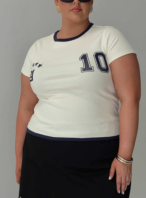 back view of model wearing Princess Polly Track Record Graphic Top Cream Curve Short Sleeves Crew Neck 