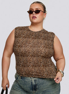 front view of model wearing Princess Polly Lure Top Leopard Curve Sleeveless Crew Neck 